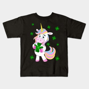 St. Patrick's Day Lucky Unicorn Holding a Four Leaf Clover Kids T-Shirt